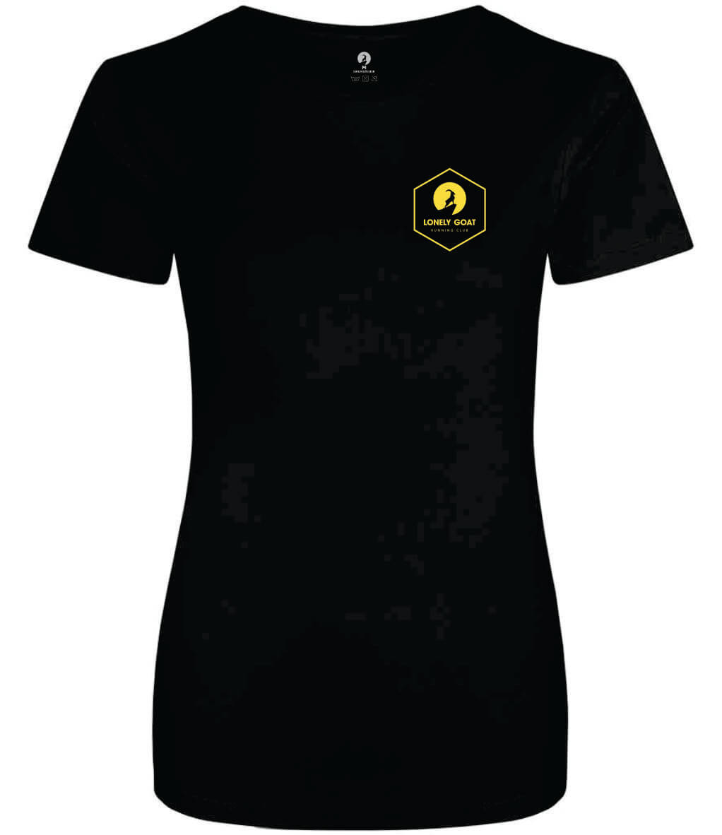 LONELY GOAT - LADIES BLACK CORE T-SHIRT FRONT - YELLOW LOGO