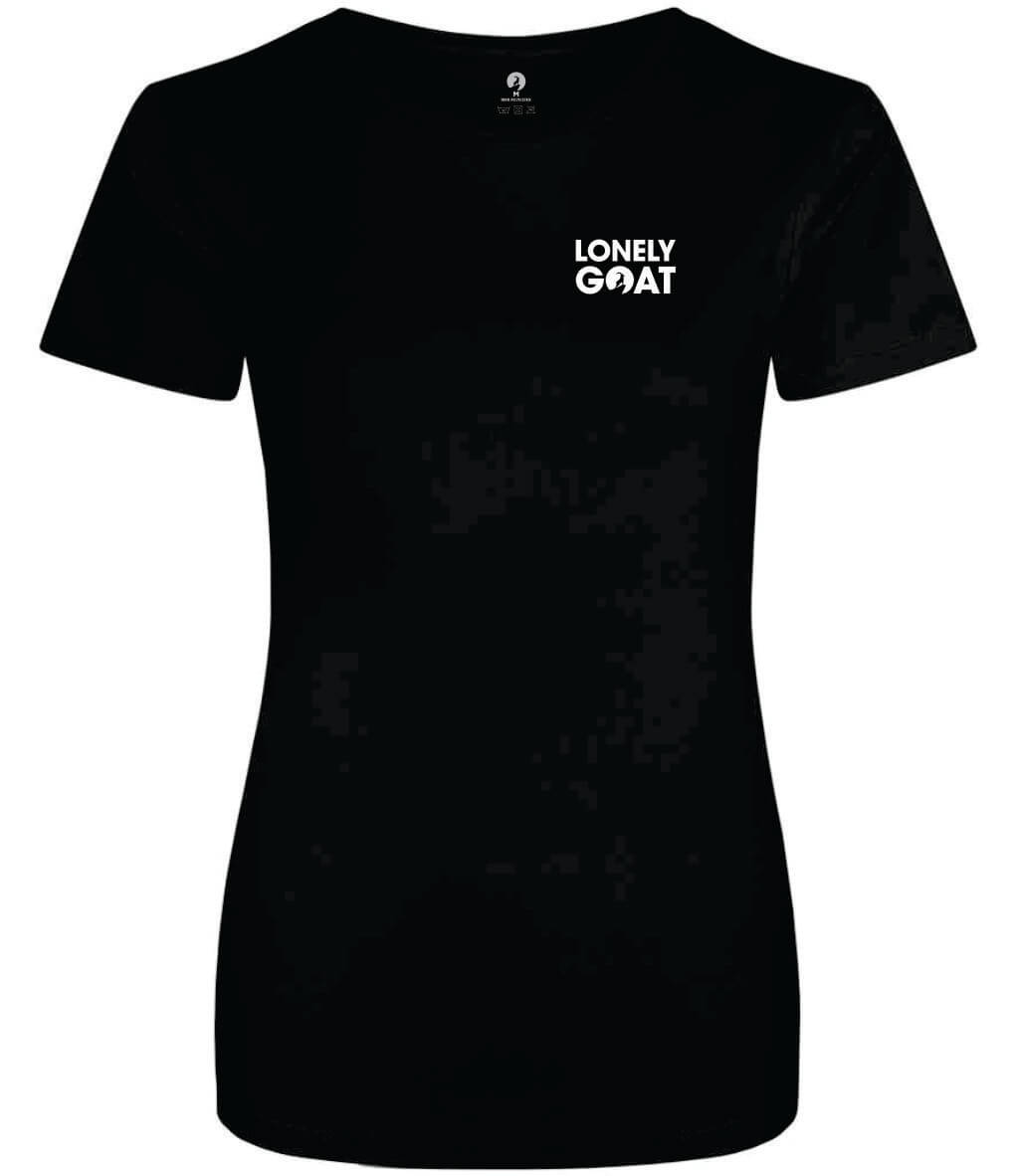 LONELY GOAT - LADIES BLACK TRAINING T-SHIRT FRONT - WHITE LOGO
