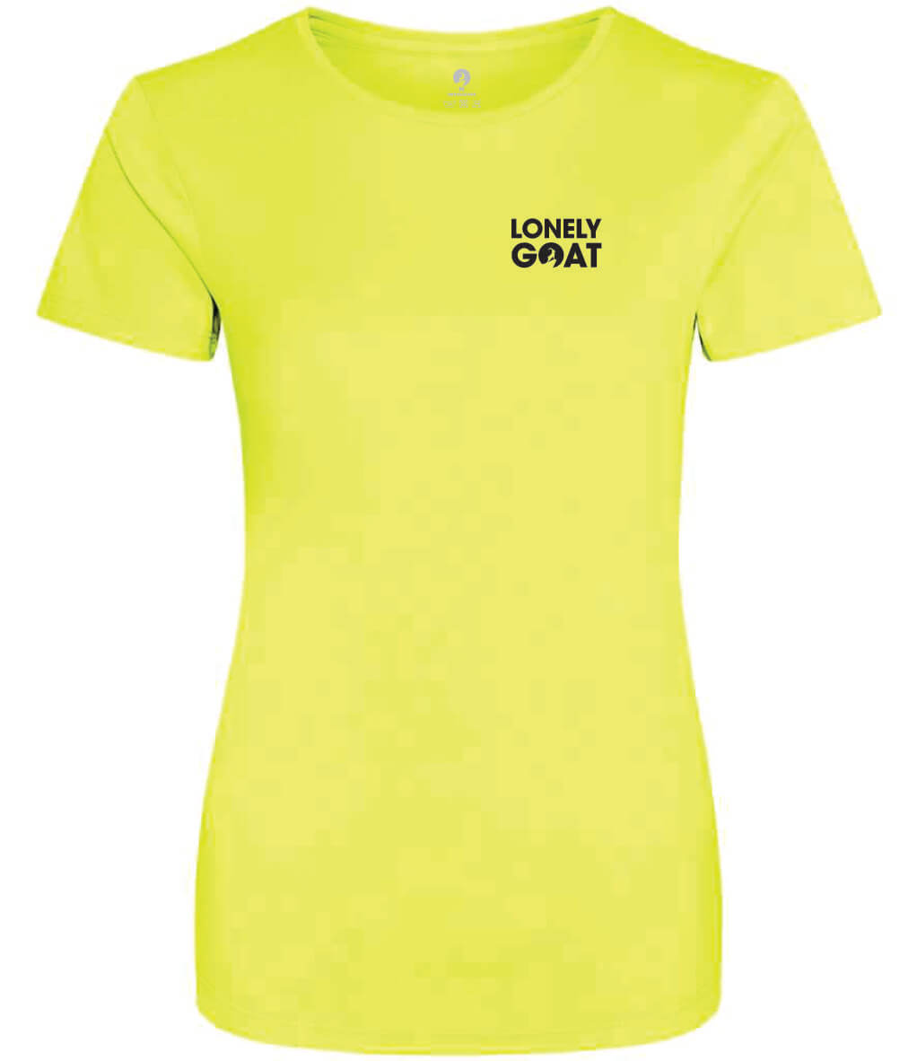 LONELY GOAT - LADIES ELECTRIC YELLOW TRAINING T-SHIRT FRONT - BLACK LOGO