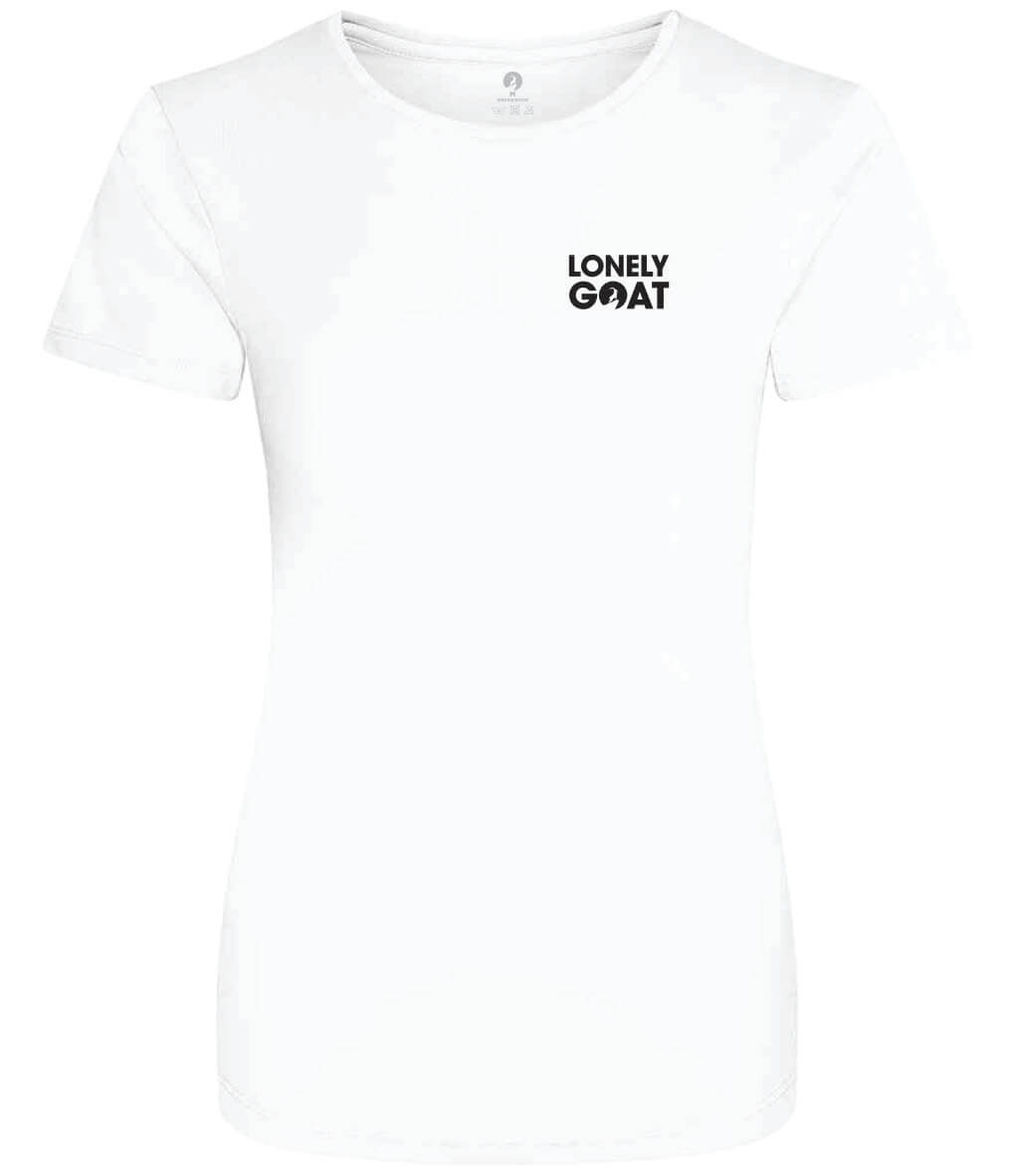LONELY GOAT - LADIES WHITE TRAINING T-SHIRT FRONT - BLACK LOGO