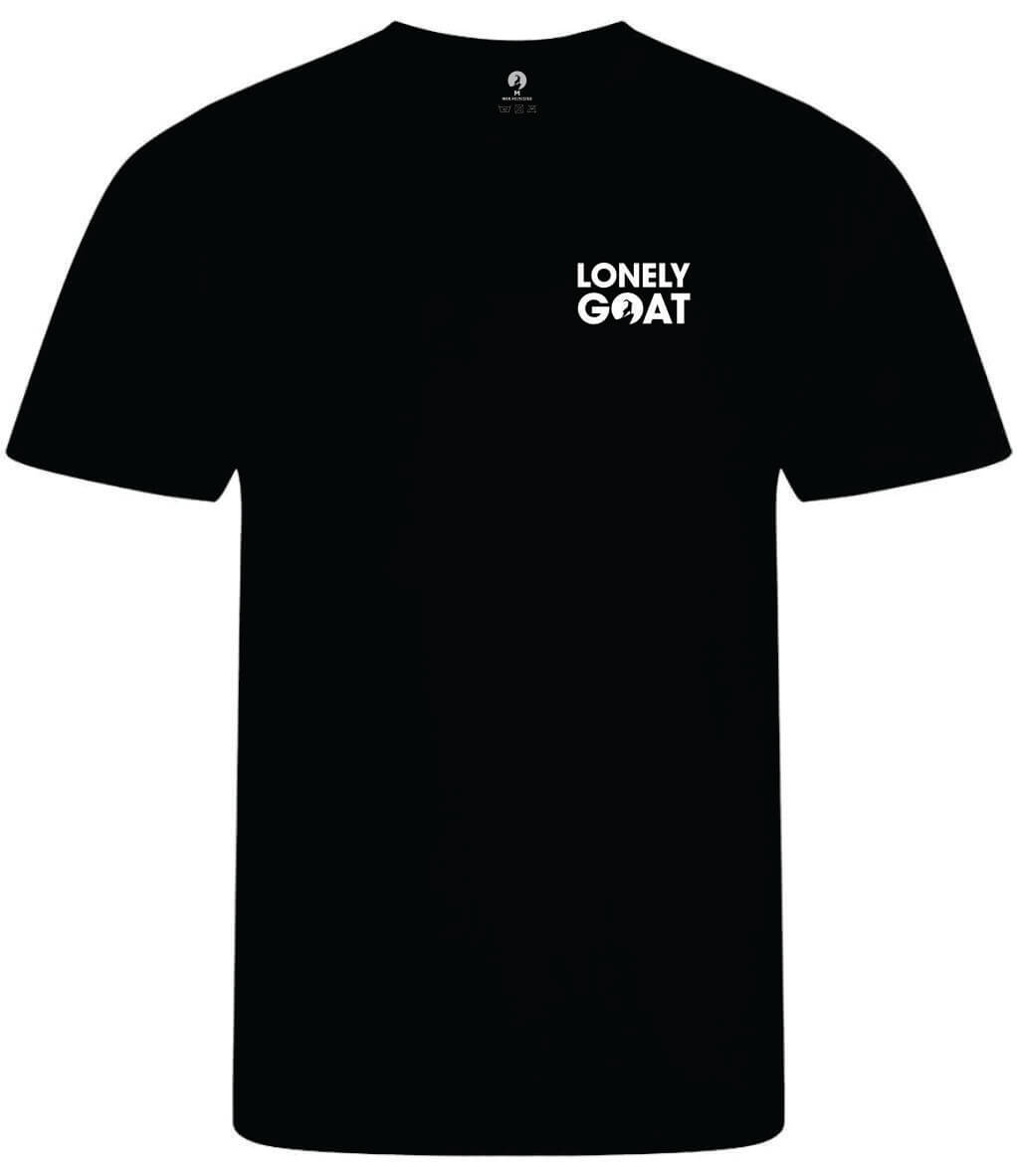 LONELY GOAT - MENS BLACK TRAINING T-SHIRT FRONT - WHITE LOGO