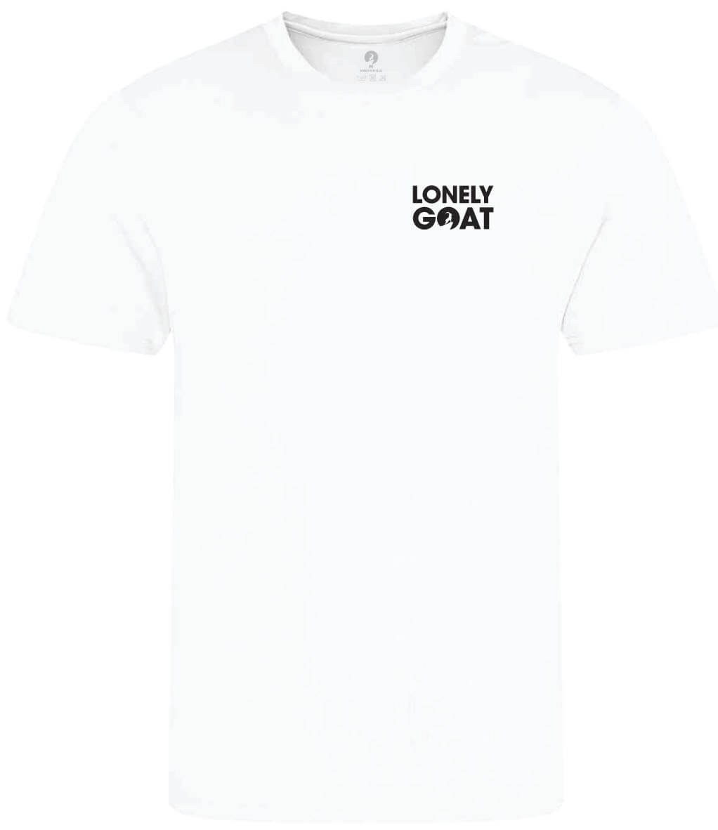 LONELY GOAT - MENS WHITE TRAINING T-SHIRT FRONT - BLACK LOGO