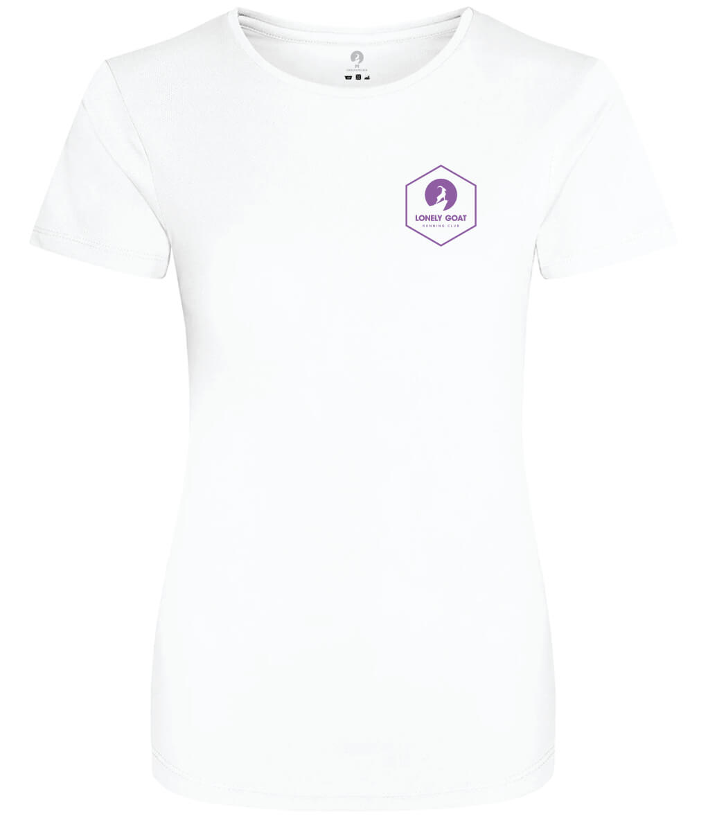 LONELY GOAT - LADIES WHITE CORE T-SHIRT FRONT - PURPLE LOGO