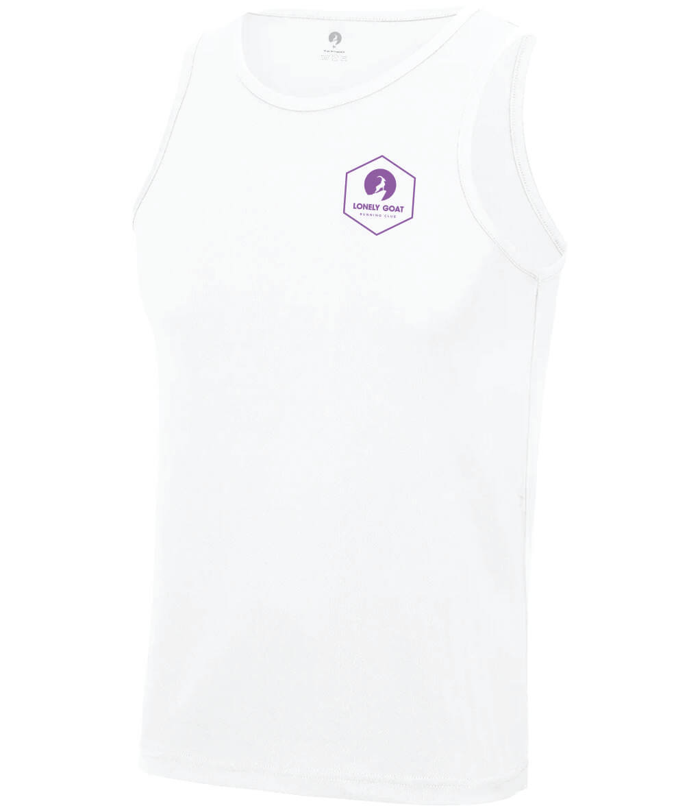 LONELY GOAT - MENS WHITE CORE VEST FRONT - PURPLE LOGO